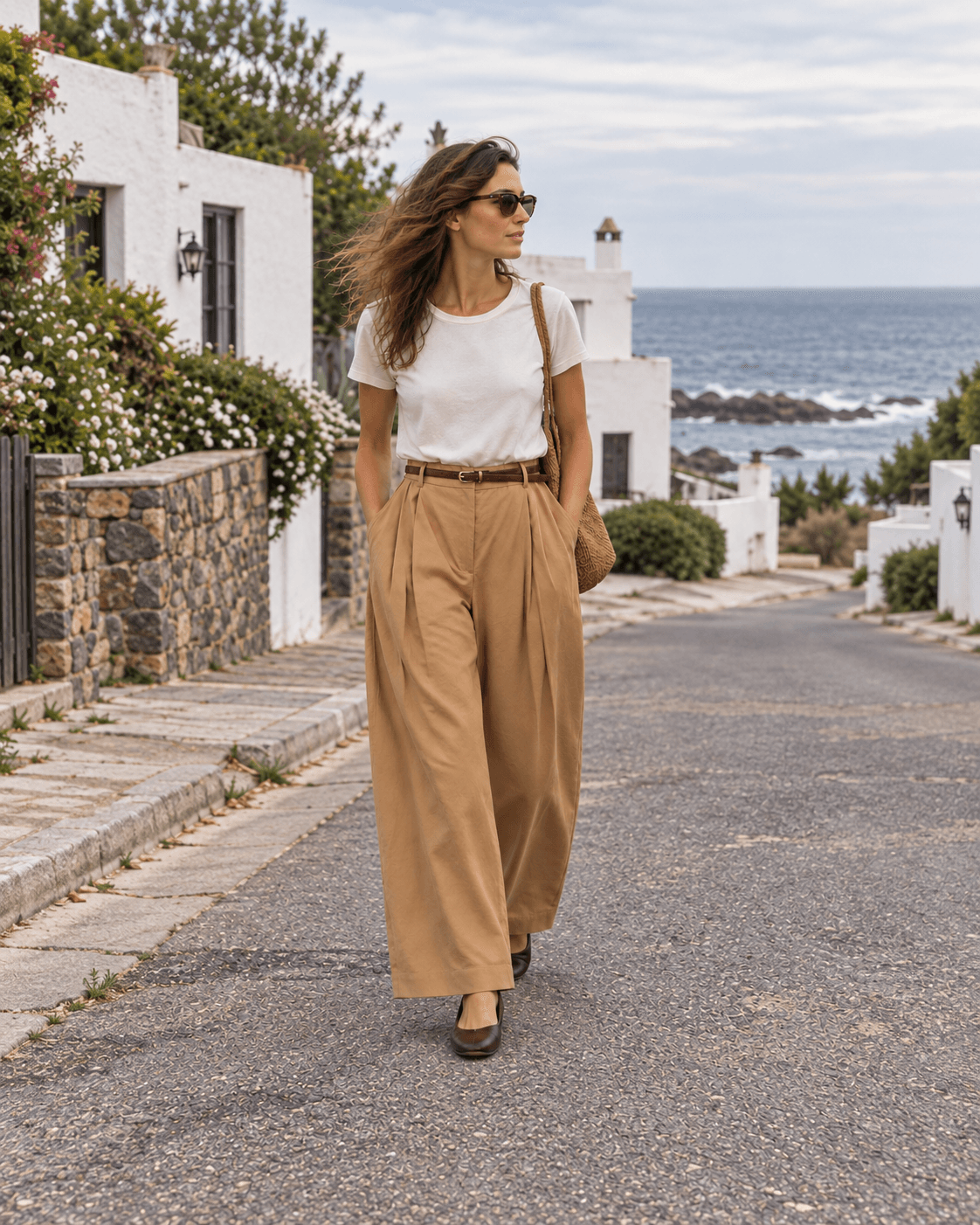 Pantalón corte sastre con cinturón en contraste — Tela
