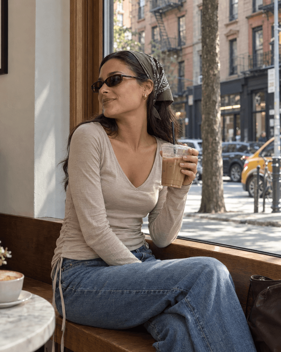 Camiseta escote en V con frunce a un lado — Detalle